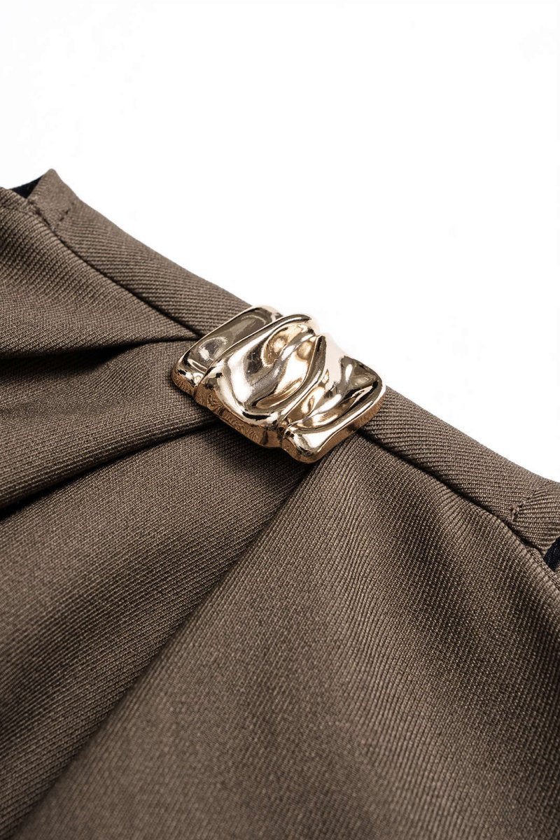 Metallic Ruched Zipper Asymmetrical Short Sleeve Mini Dress - MISMIMCWDC2509230035-BROWN-XS