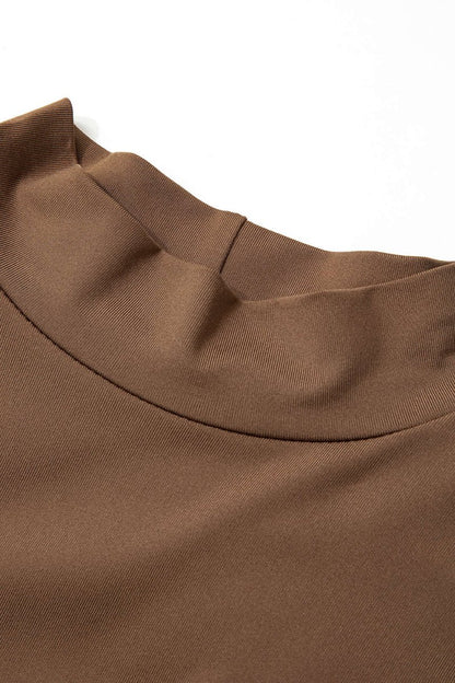 Neck Faux Leather Paneled Long Sleeve Bodysuit - MISMIMCWTL2308010083-COFFEE-XS