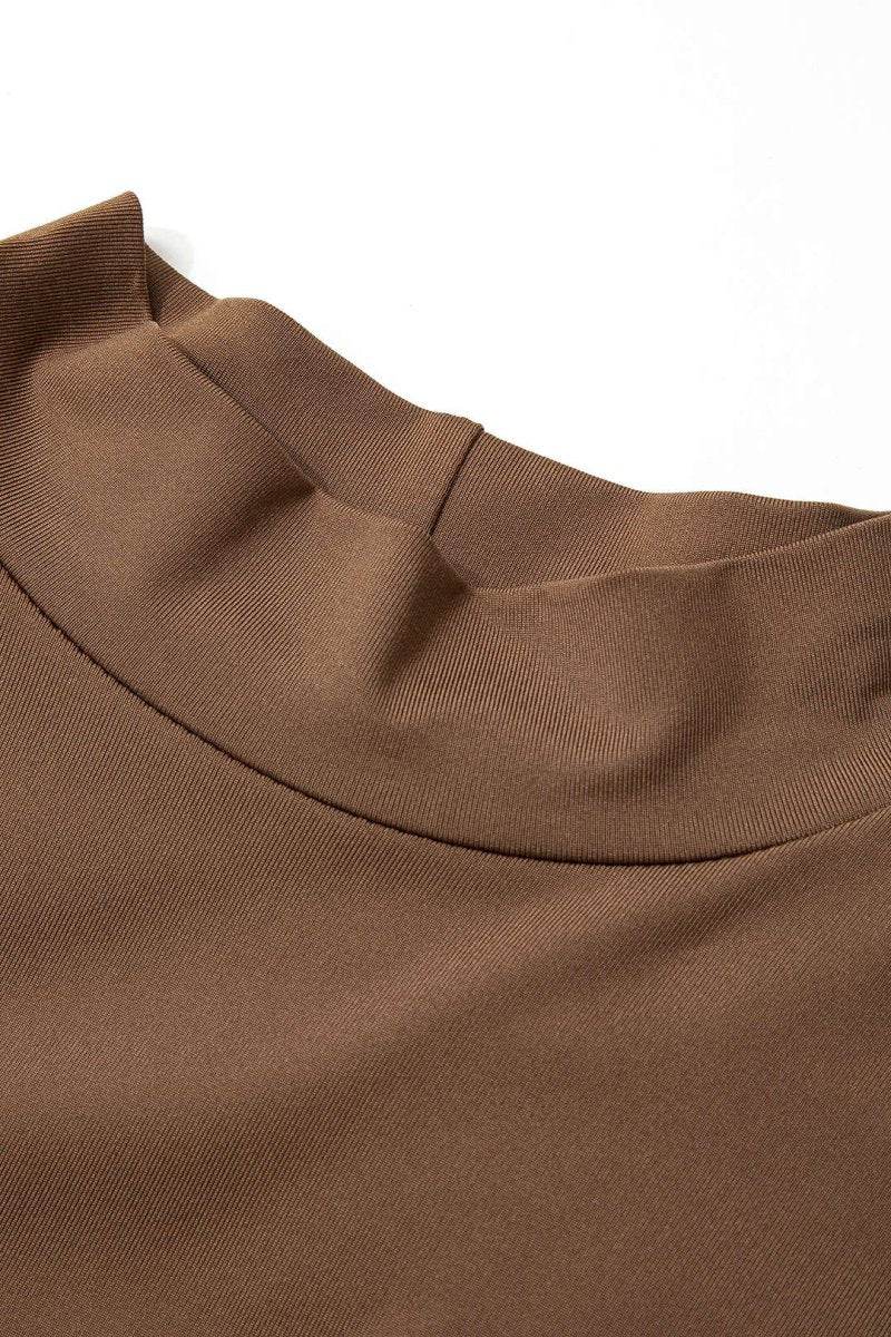 Neck Faux Leather Paneled Long Sleeve Bodysuit - MISMIMCWTL2308010083-COFFEE-XS