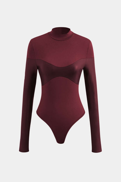 Neck Faux Leather Paneled Long Sleeve Bodysuit - MISMIMCWTL2308010083-BURGUNDY-XS