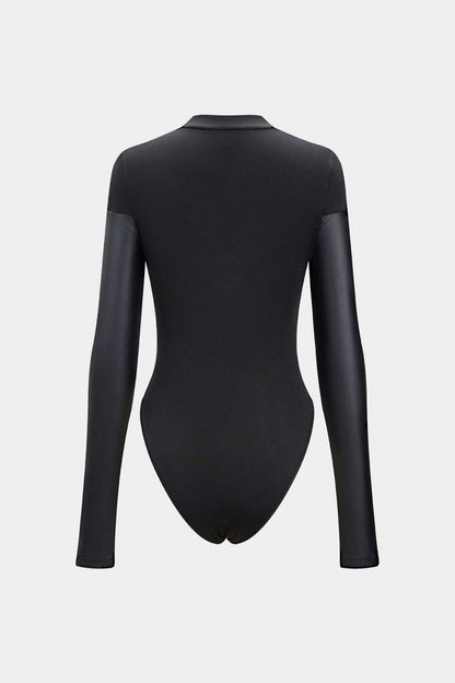 Neck Faux Leather Paneled Long Sleeve Bodysuit - MISMIMCWTL2308010083-BLACK-XS