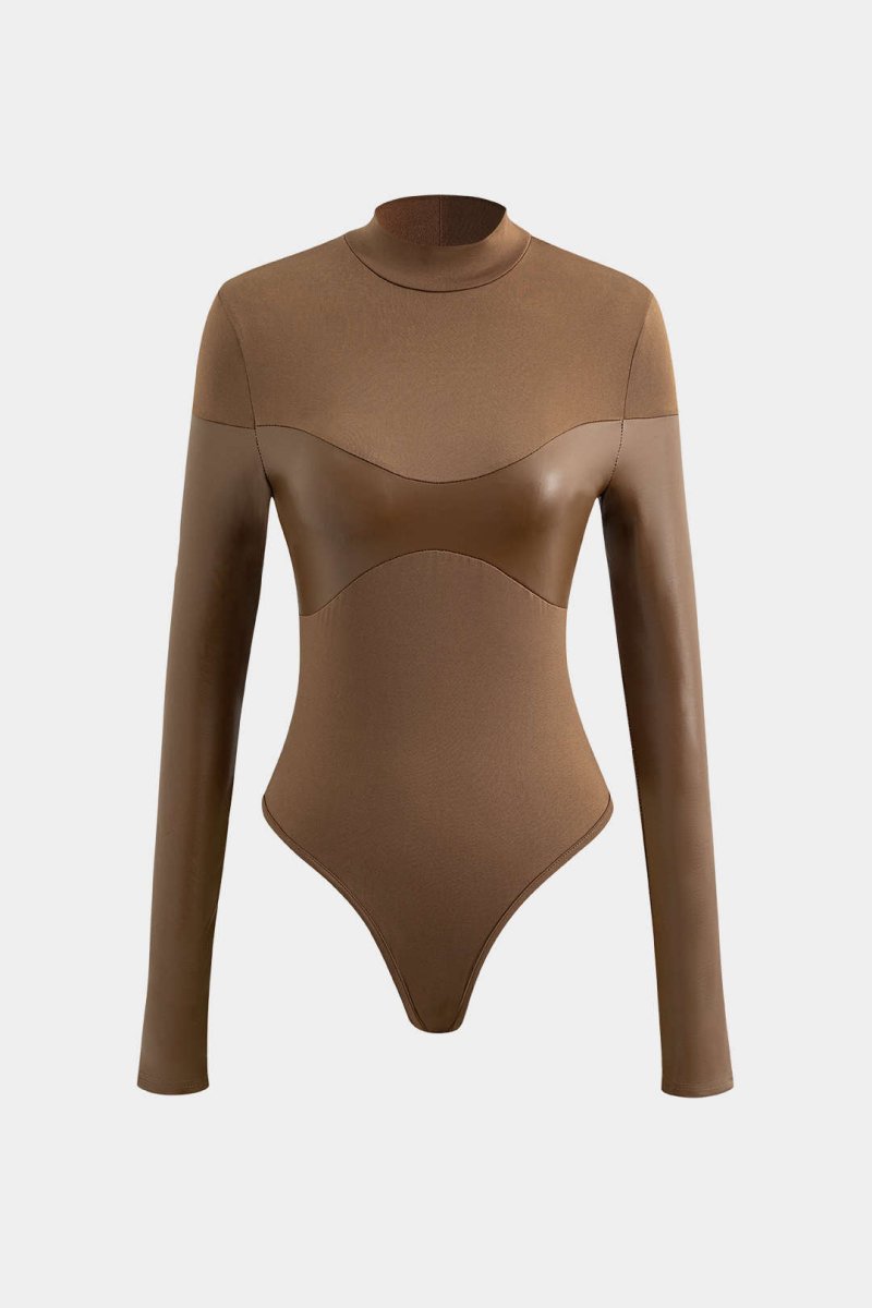 Neck Faux Leather Paneled Long Sleeve Bodysuit - MISMIMCWTL2308010083-COFFEE-XS