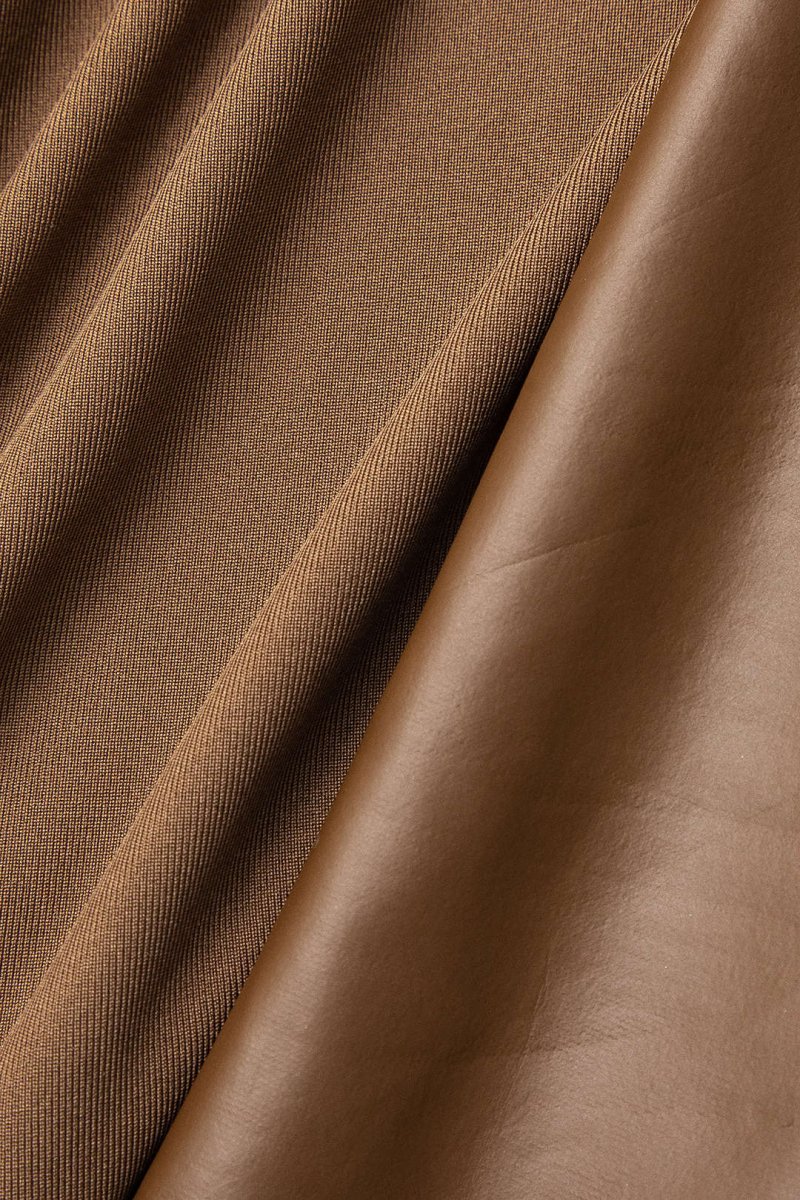 Neck Faux Leather Paneled Long Sleeve Bodysuit - MISMIMCWTL2308010083-COFFEE-XS