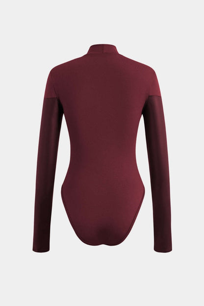 Neck Faux Leather Paneled Long Sleeve Bodysuit - MISMIMCWTL2308010083-BURGUNDY-XS