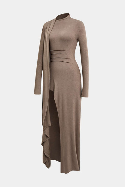 Neck Wrap Ruched Long Sleeve Slit Maxi Dress - MISMIMCWDA2311010107-COFFEE-XS