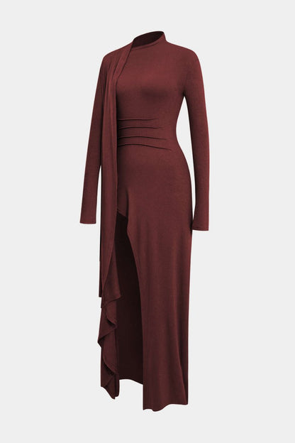 Neck Wrap Ruched Long Sleeve Slit Maxi Dress - MISMIMCWDA2311010107-BURGUNDY-XS