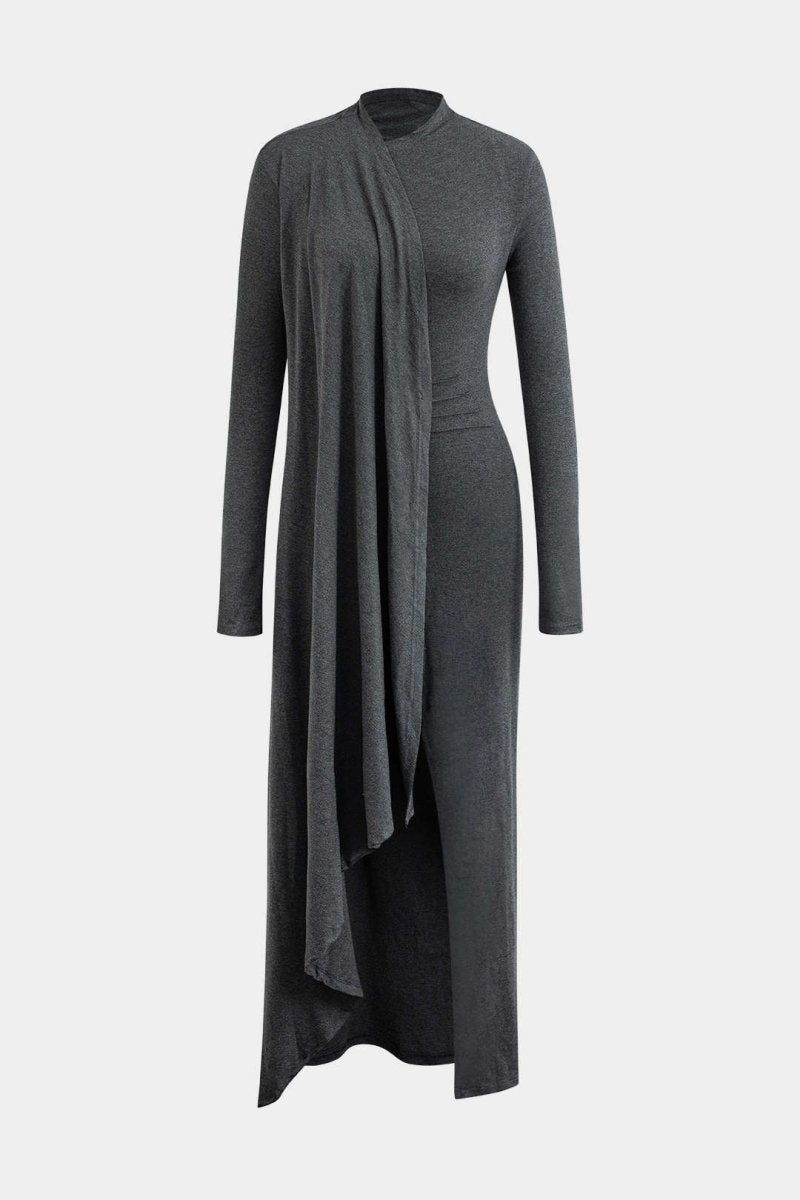 Neck Wrap Ruched Long Sleeve Slit Maxi Dress - MISMIMCWDA2311010107-GRAY-XS