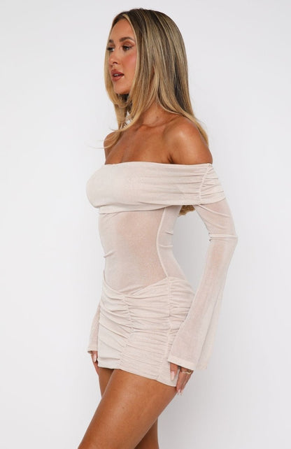 Need A Miracle Long Sleeve Glitter Mini Dress Champagne - MISMIWFSD789-2-XXS