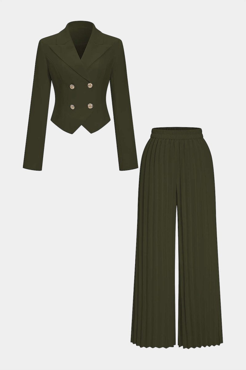 Notched Lapel Button Long - Sleeve Top And Pleated Trousers Set - MISMIMCWSC2507140013-OLIVE-XS
