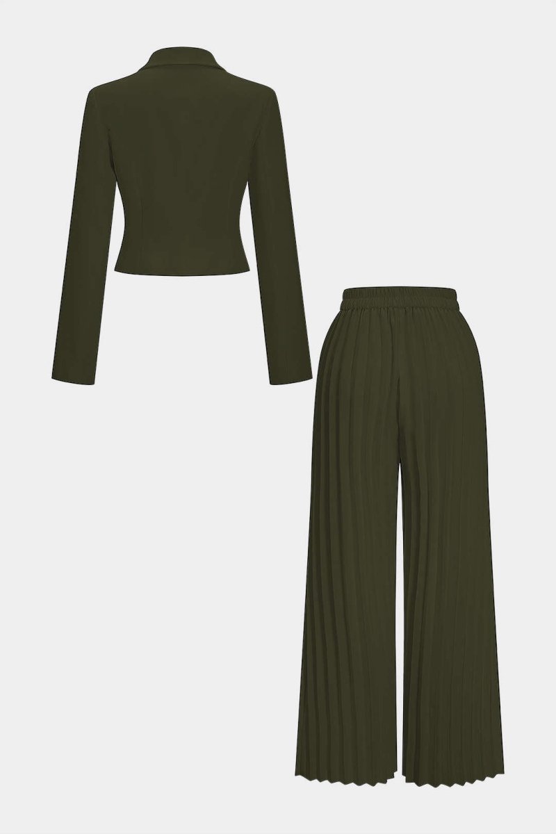 Notched Lapel Button Long - Sleeve Top And Pleated Trousers Set - MISMIMCWSC2507140013-OLIVE-XS