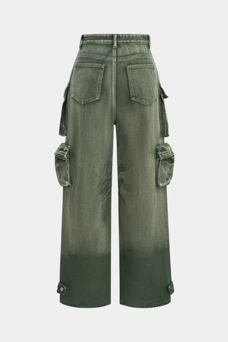 Ombre Multi Pocket Wide Leg Cargo Jeans - MISMIMCWNJ2309110048-GREEN-XS