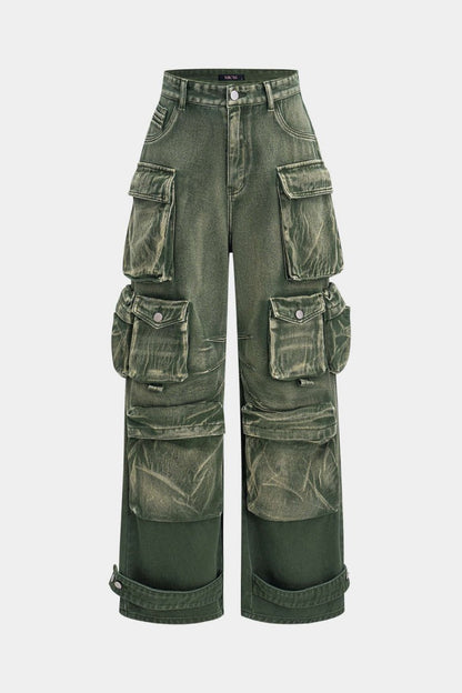 Ombre Multi Pocket Wide Leg Cargo Jeans - MISMIMCWNJ2309110048-GREEN-XS