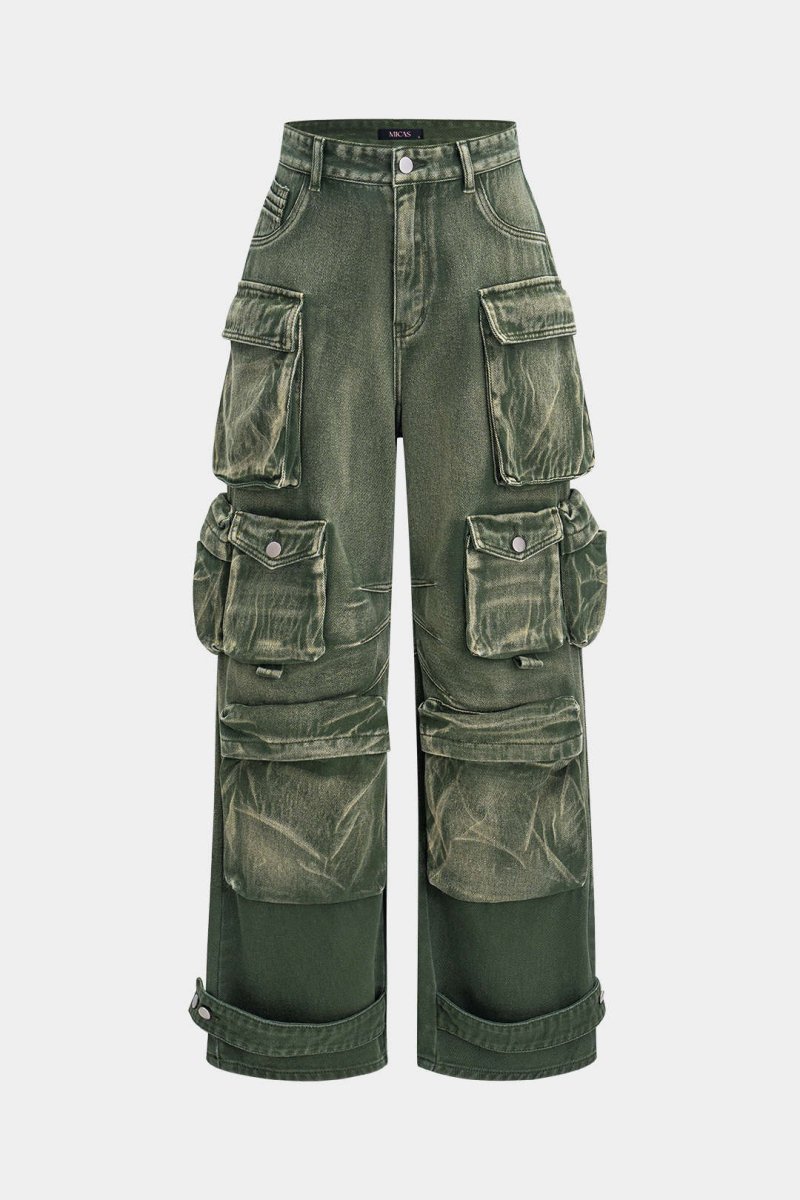 Ombre Multi Pocket Wide Leg Cargo Jeans - MISMIMCWNJ2309110048-GREEN-XS