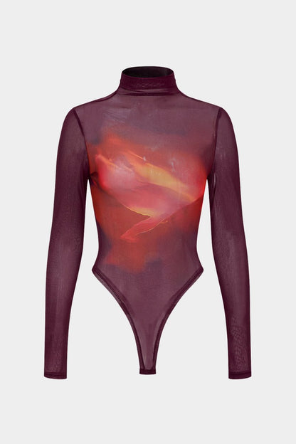 Ombre Print Mesh Long Sleeve Bodysuit - MISMIMCWTO2410290087-MAROON-XS