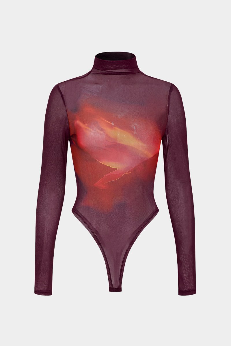 Ombre Print Mesh Long Sleeve Bodysuit - MISMIMCWTO2410290087-MAROON-XS