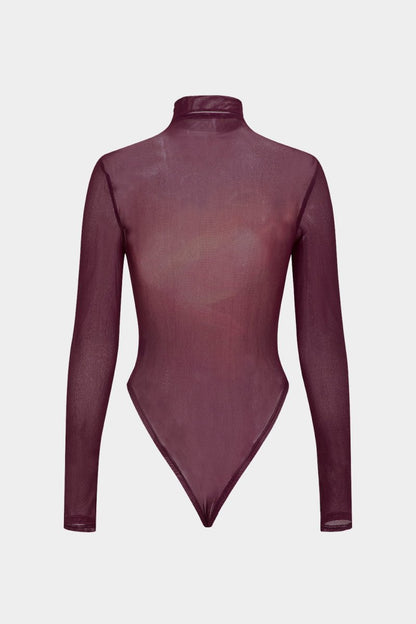 Ombre Print Mesh Long Sleeve Bodysuit - MISMIMCWTO2410290087-MAROON-XS
