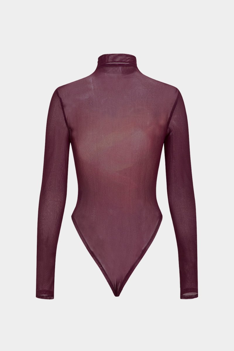 Ombre Print Mesh Long Sleeve Bodysuit - MISMIMCWTO2410290087-MAROON-XS