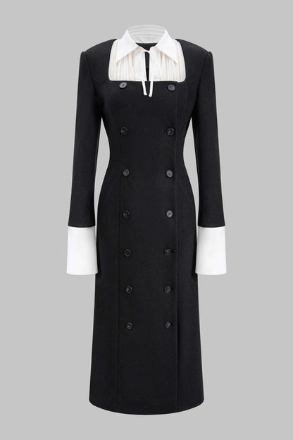 Patchwork Double Breasted Long Sleeve Maxi Dress - MISMIMCWDA2510100163-BLACK-XS