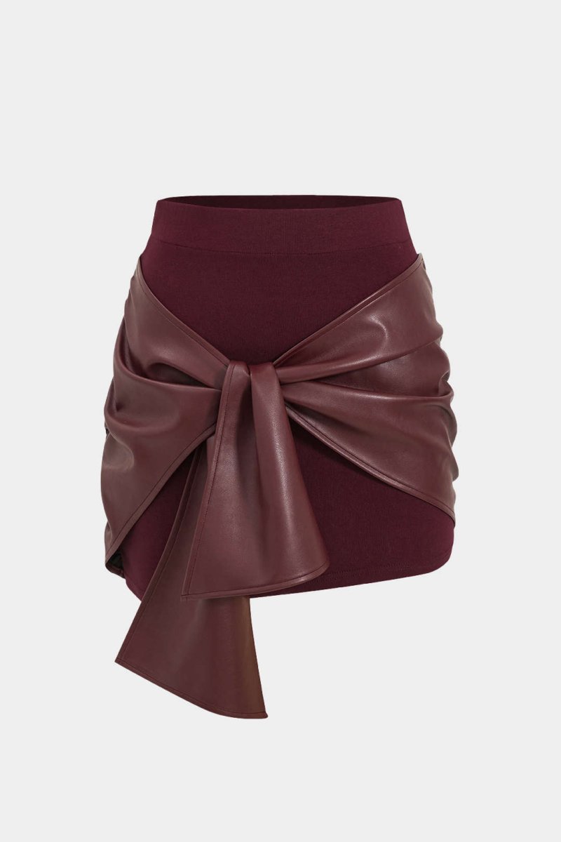 Patchwork Faux Leather Tie Front Mini Skirt - MISMIMCWDC2410210053-BURGUNDY-XS