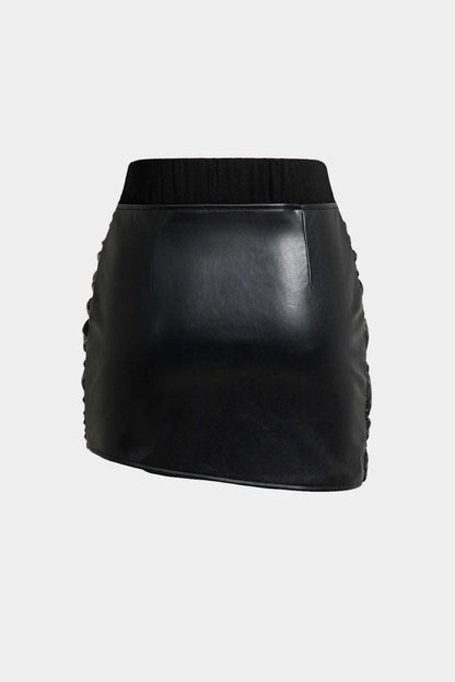 Patchwork Faux Leather Tie Front Mini Skirt - MISMIMCWDC2410210053-BLACK-XS