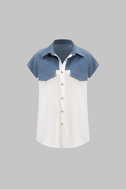 Patchwork Linen Tie Front Fake Pocket Shirt - MISMIMCWTT2504150053-WHITE-XS