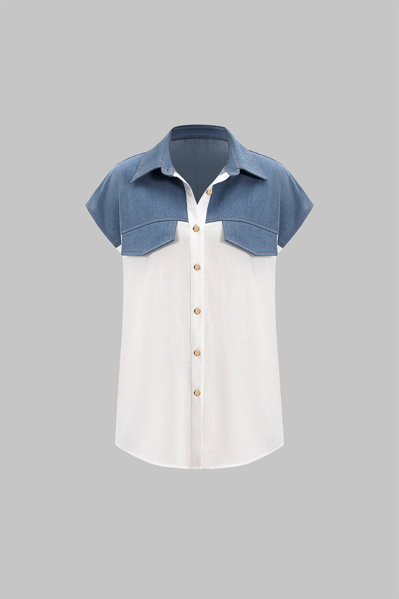 Patchwork Linen Tie Front Fake Pocket Shirt - MISMIMCWTT2504150053-WHITE-XS