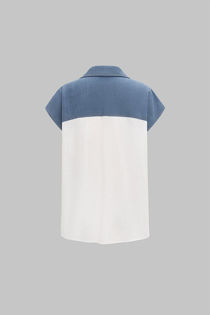 Patchwork Linen Tie Front Fake Pocket Shirt - MISMIMCWTT2504150053-WHITE-XS