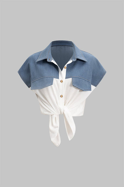 Patchwork Linen Tie Front Fake Pocket Shirt - MISMIMCWTT2504150053-WHITE-XS