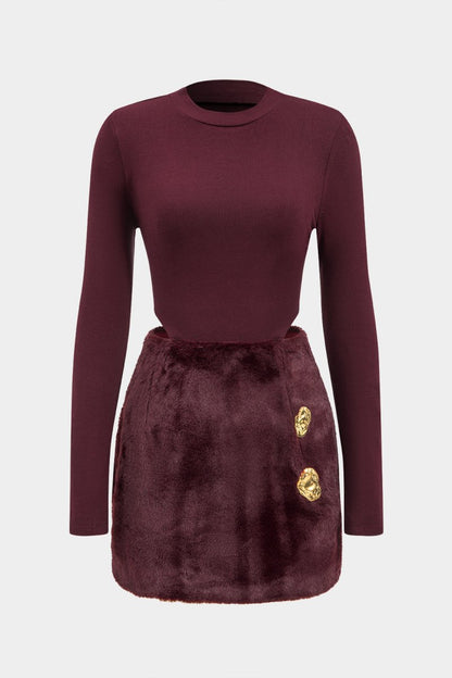 Patchwork Long Sleeve Mini Dress - MISMIMCWDC2410240047-BURGUNDY-XS