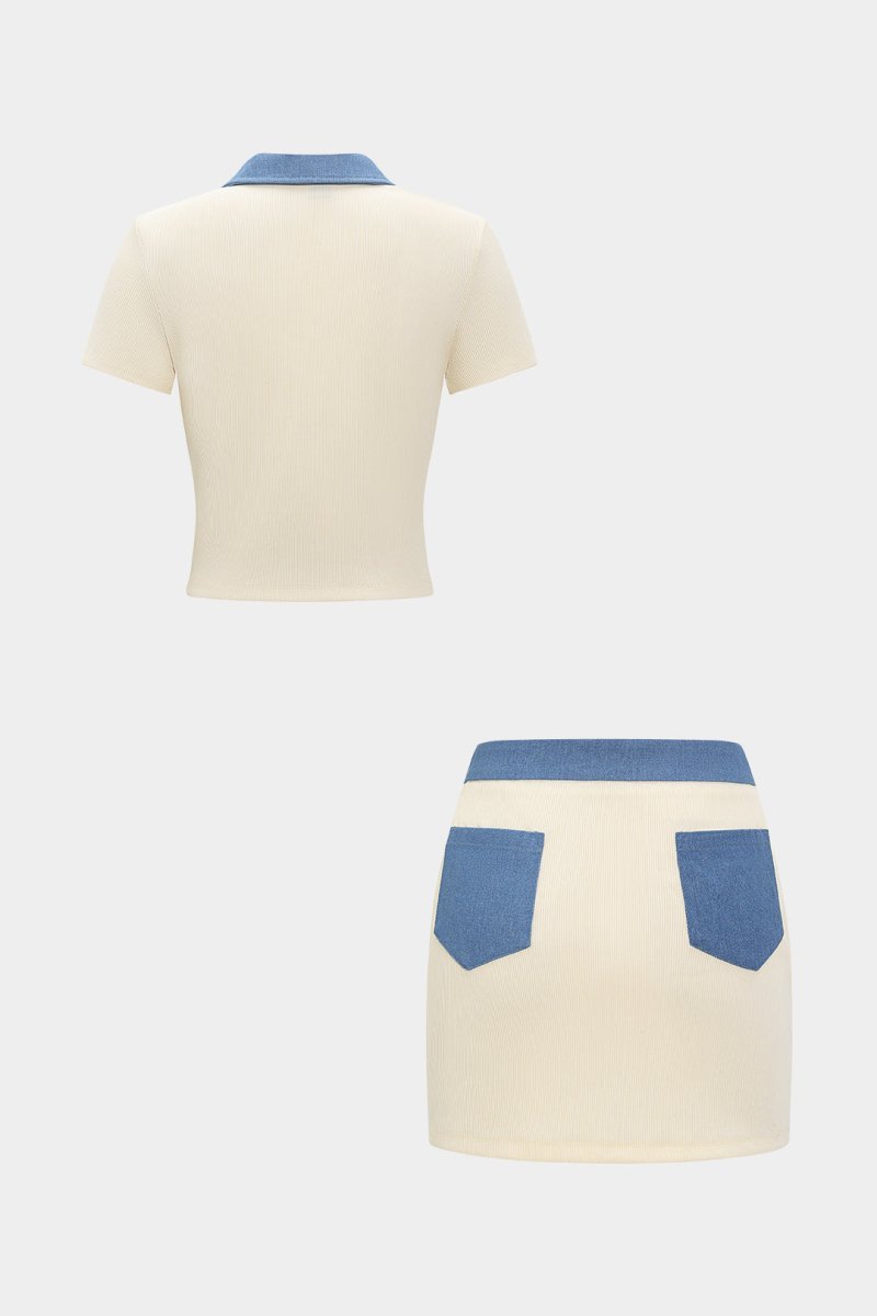 Patchwork Metallic Button Tank Top And Pocket Skirt Set - MISMIMCWSB2504290089-BEIGE-XS