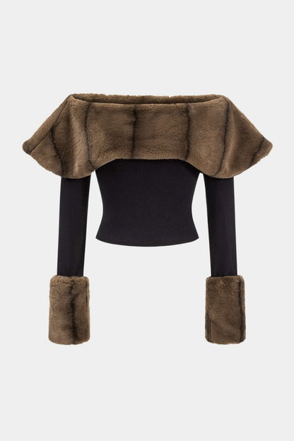 Patchwork Off Shoulder Long - Sleeve Top - MISMIMCWTL2410160041-BLACK-XS