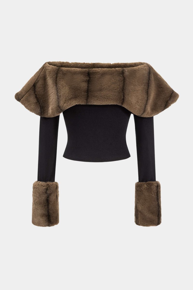 Patchwork Off Shoulder Long - Sleeve Top - MISMIMCWTL2410160041-BLACK-XS