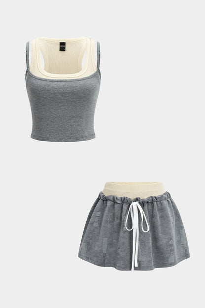 Patchwork Tank Top And Double Waistband Drawstring Skirt Set - MISMIMCWSB2505090026-Contrast Color-XS