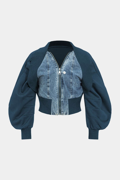 Patchwork Zipper Denim Outerwear Jacket - MISMIMCWNE2409120118-ROYAL-S