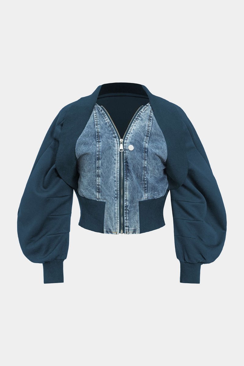 Patchwork Zipper Denim Outerwear Jacket - MISMIMCWNE2409120118-ROYAL-S