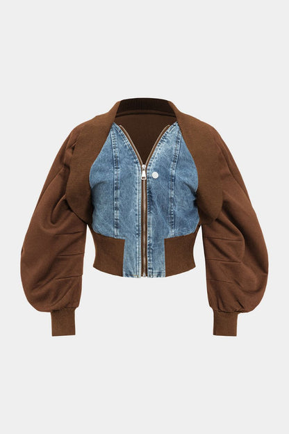 Patchwork Zipper Denim Outerwear Jacket - MISMIMCWNE2409120118-BROWN-S