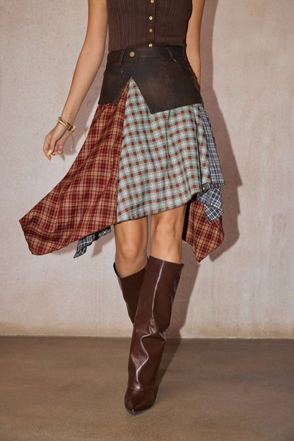 Plaid Contrast Print Faux Leather Patchwork Irregular Hem Skirt - MISMIMCWBK2508180055-COFFEE-XS