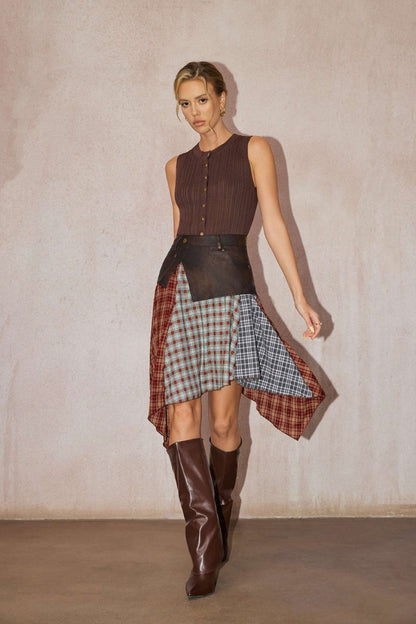 Plaid Contrast Print Faux Leather Patchwork Irregular Hem Skirt - MISMIMCWBK2508180055-COFFEE-XS