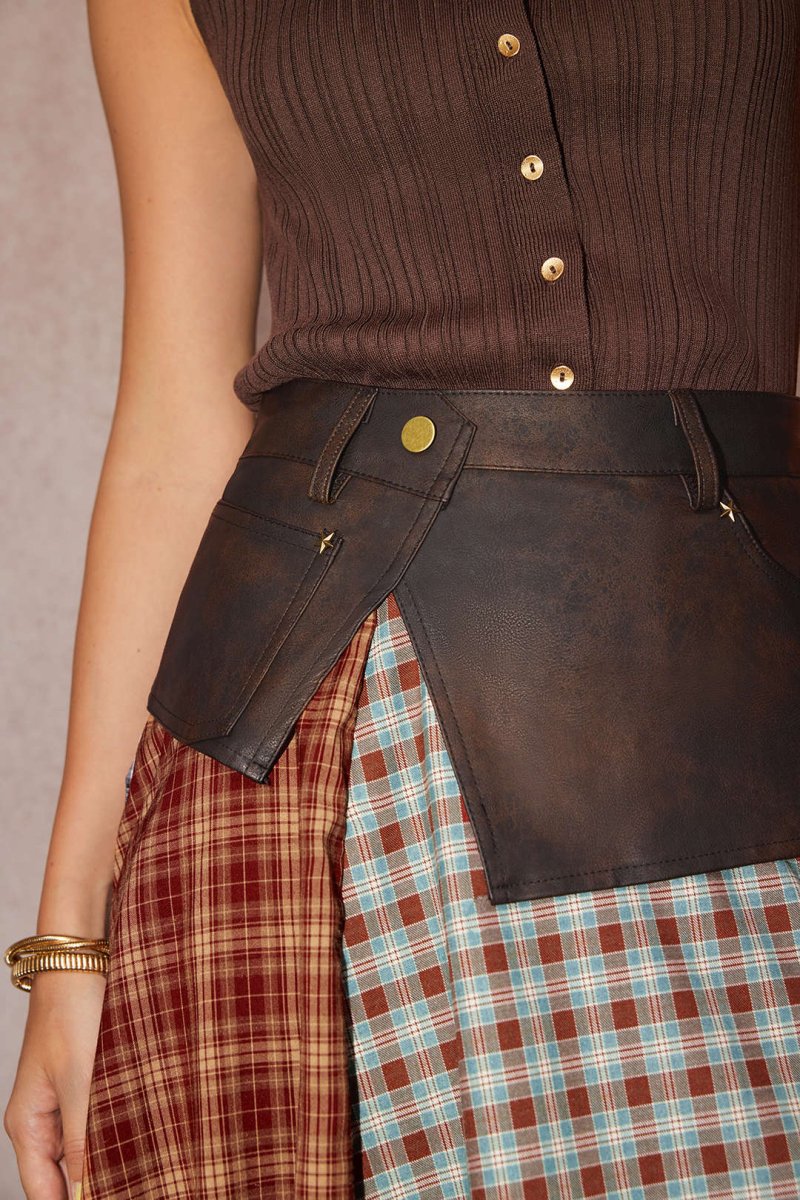 Plaid Contrast Print Faux Leather Patchwork Irregular Hem Skirt - MISMIMCWBK2508180055-COFFEE-XS