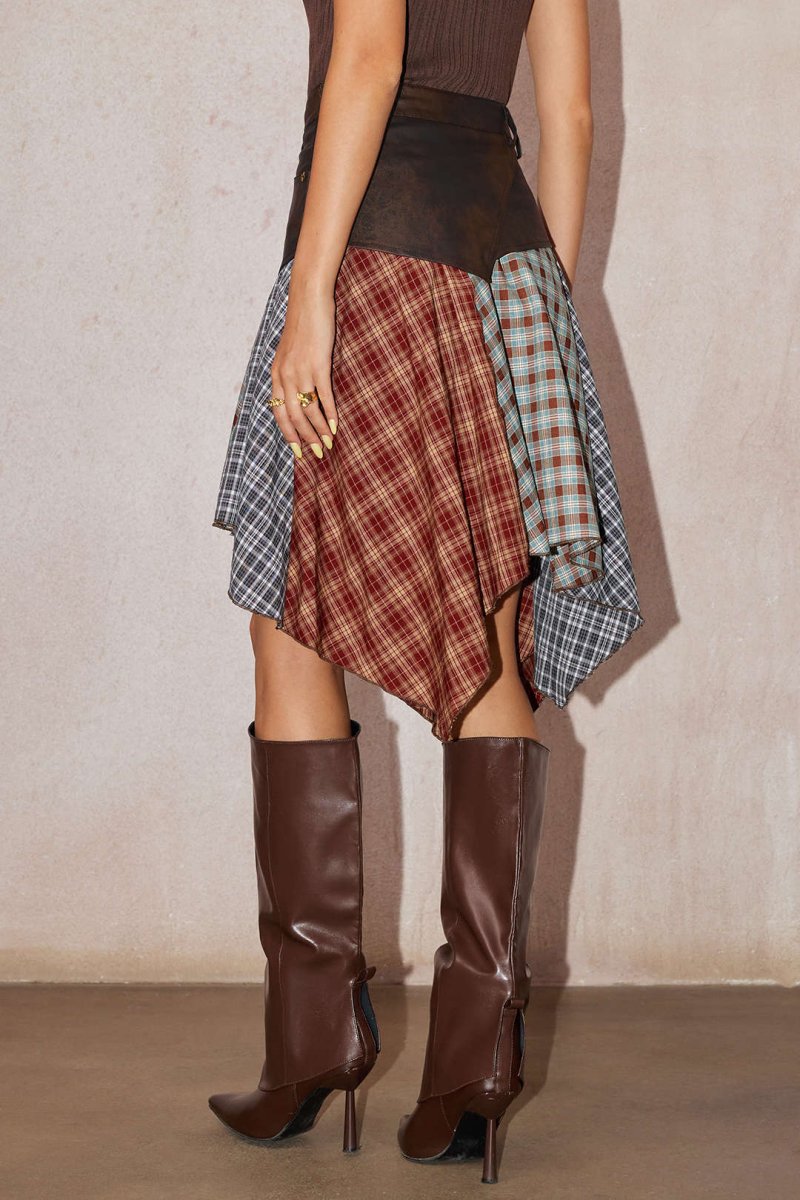 Plaid Contrast Print Faux Leather Patchwork Irregular Hem Skirt - MISMIMCWBK2508180055-COFFEE-XS
