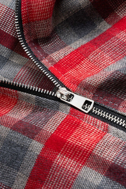 Plaid Print Faux Leather Asymmetrical Neck Long - Sleeve Shirt - MISMIMCWTE2509280014-RED-S