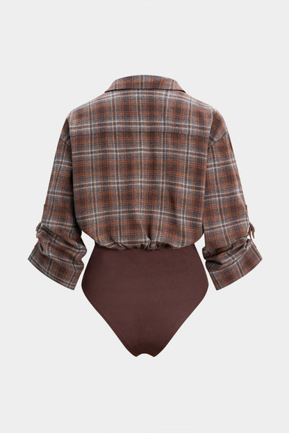 Plaid Print V - Neck Long Sleeve Bodysuit - MISMIMCWTO2510140057-BROWN-XS