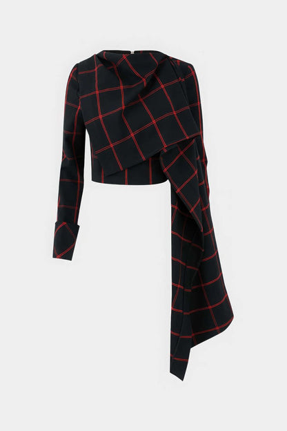 Plaid Print Wrap Long - Sleeve Top - MISMIMCWSS2510160136-BLACK-XS