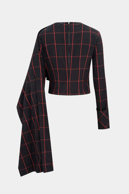 Plaid Print Wrap Long - Sleeve Top - MISMIMCWSS2510160136-BLACK-XS