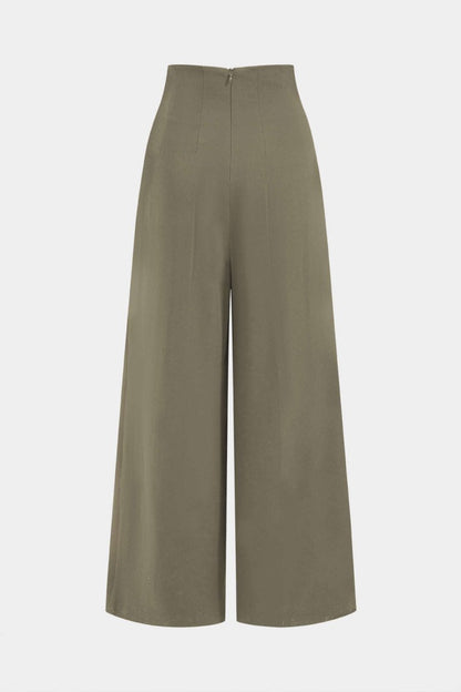 Pleated Asymmetrical Wide Leg Trousers - MISMIMCWBT2412140020-OLIVE-XS