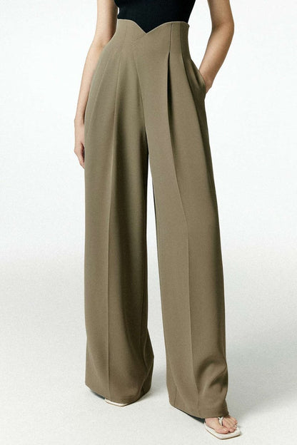 Pleated Asymmetrical Wide Leg Trousers - MISMIMCWBT2412140020-OLIVE-XS