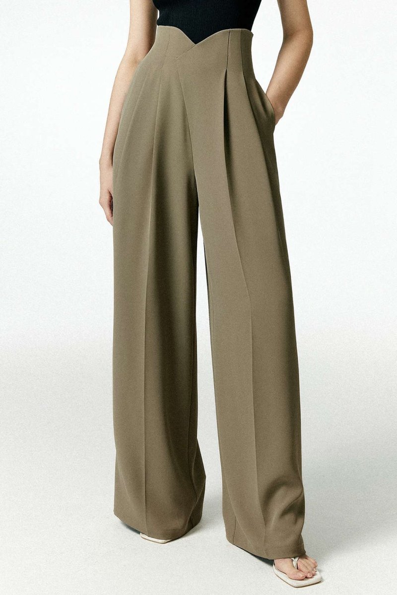Pleated Asymmetrical Wide Leg Trousers - MISMIMCWBT2412140020-OLIVE-XS