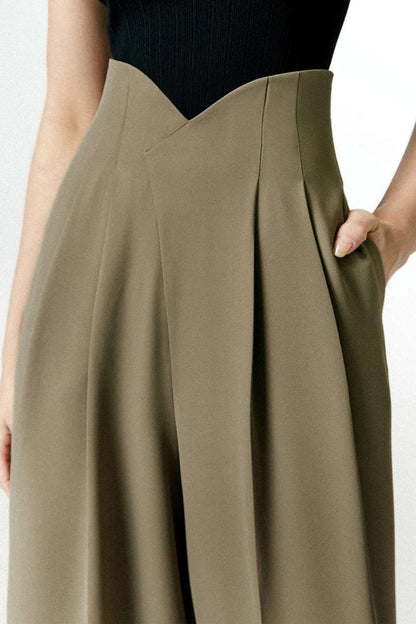 Pleated Asymmetrical Wide Leg Trousers - MISMIMCWBT2412140020-OLIVE-XS