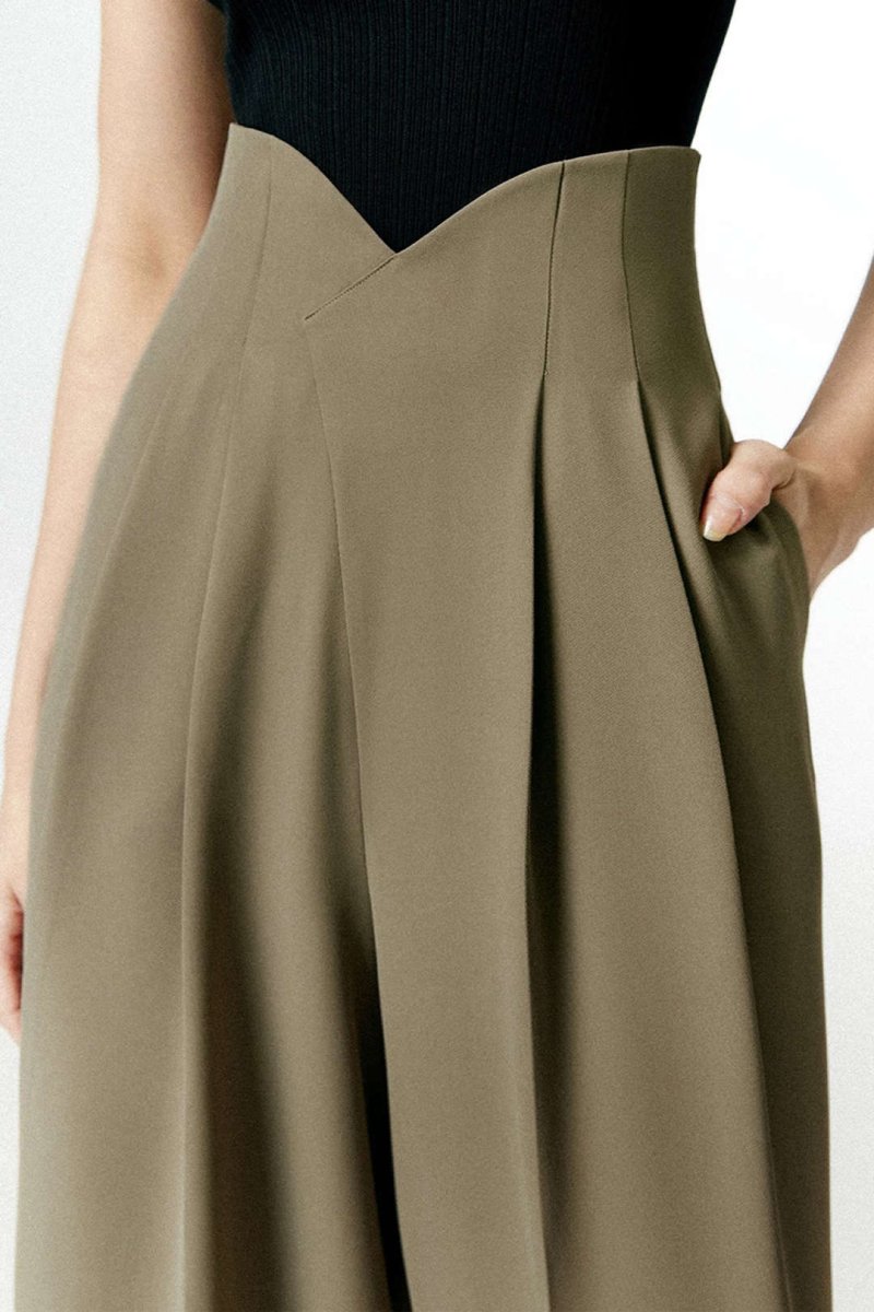 Pleated Asymmetrical Wide Leg Trousers - MISMIMCWBT2412140020-OLIVE-XS