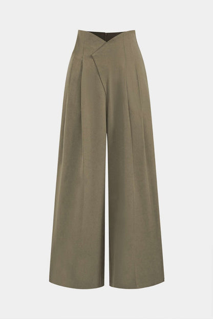 Pleated Asymmetrical Wide Leg Trousers - MISMIMCWBT2412140020-OLIVE-XS